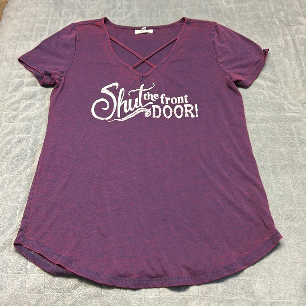 Maurices Shut The Front Door T-Shirt, Criss-Cross Neckline, Red, Purple, Size S